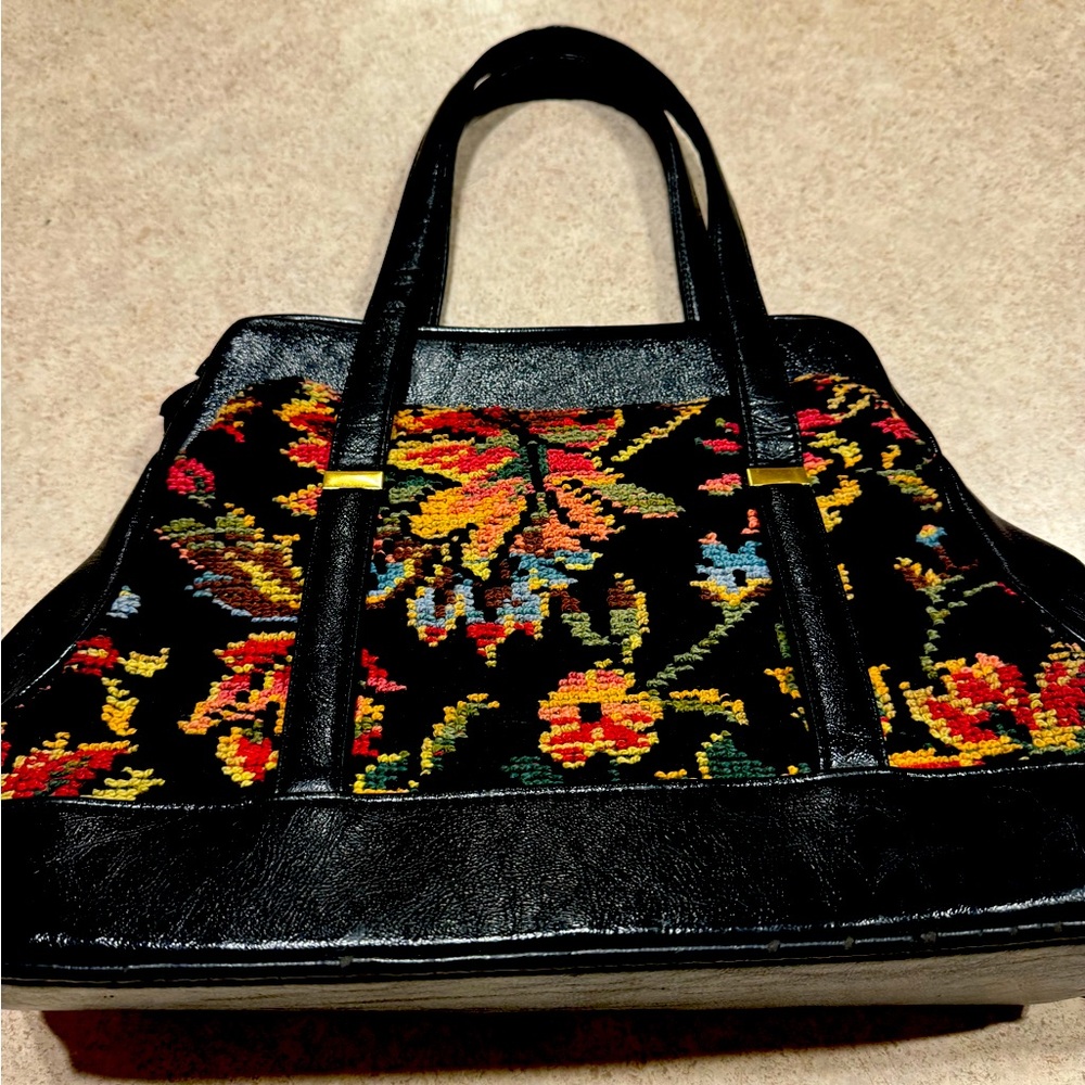 60s Needlework Floral Satchel Purse Black Leather Top Handle Handcrafted